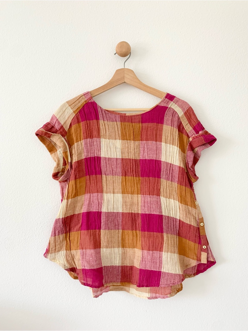 ❤️ 3/50 Isabelle Sinclair Anthropologie Pink Yellow Gingham Blouse Small